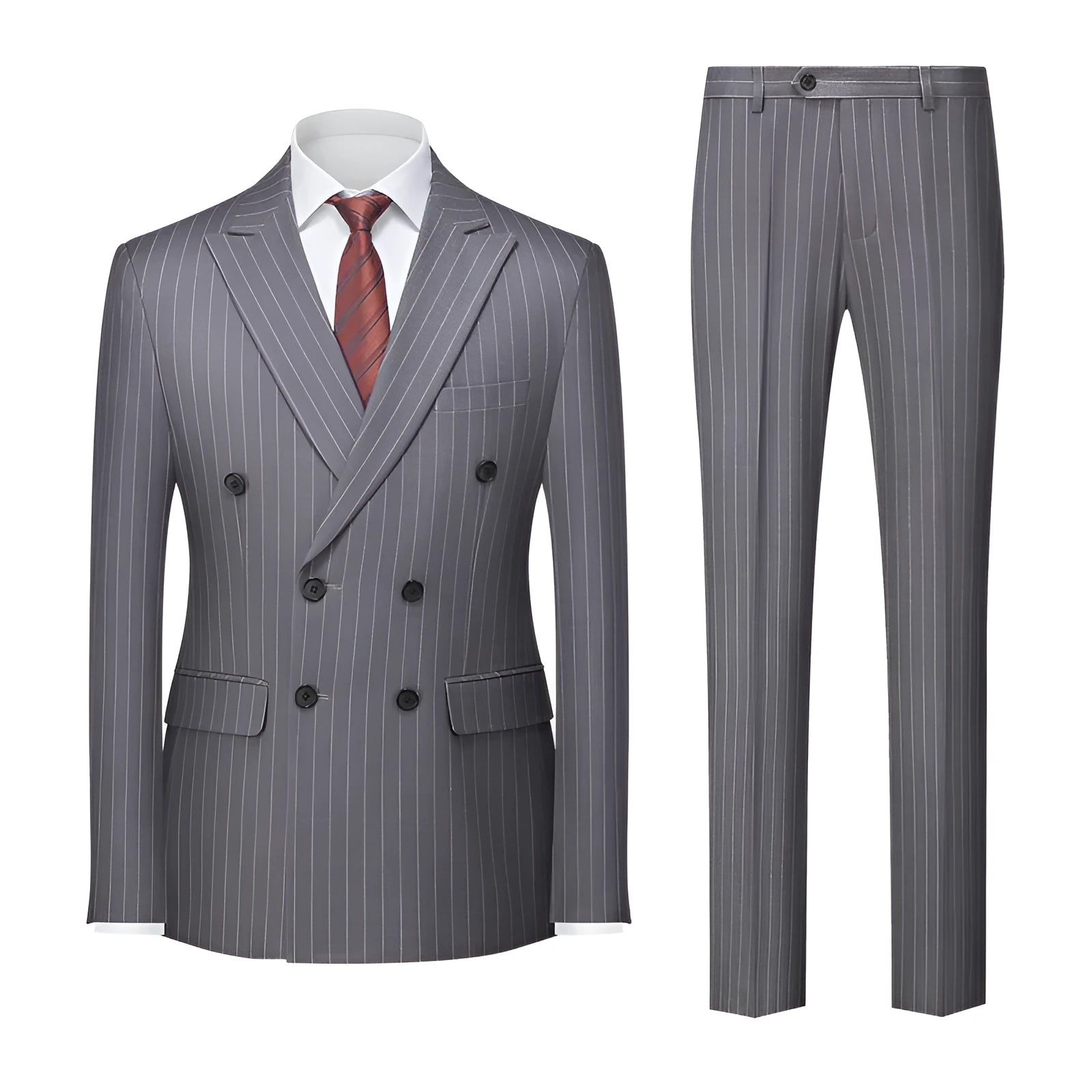 Men's slim fit double-breasted business suit in acetate blend fabric, shown in dark grey.