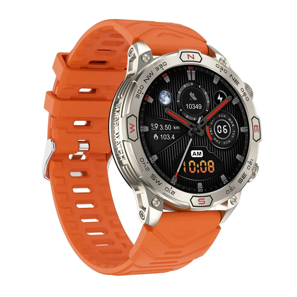 Sports smartwatch with AMOLED screen on wrist showing fitness metrics, zinc alloy case with silicone strap