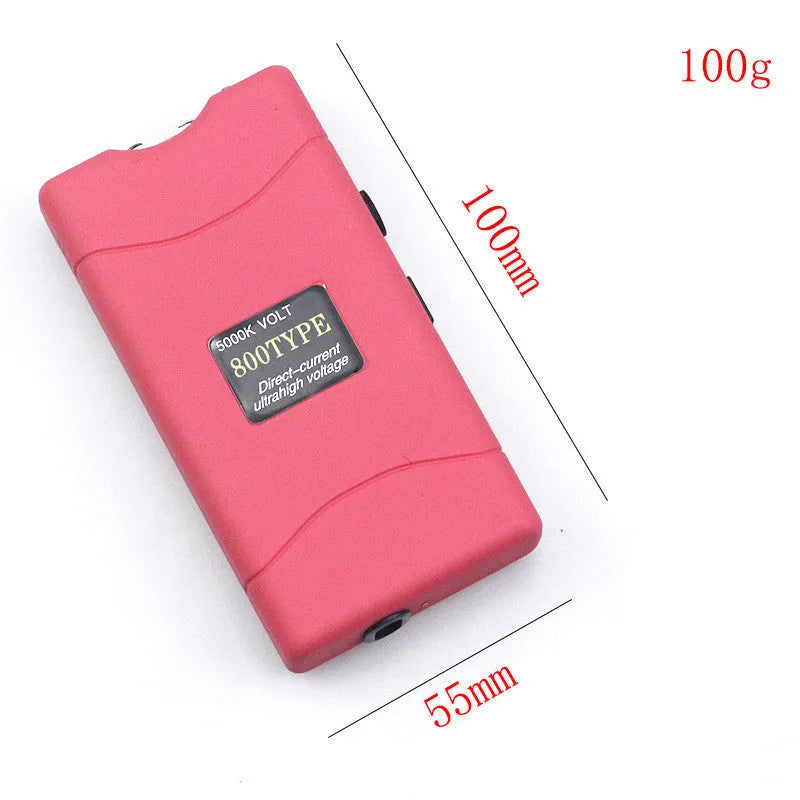 Purple women's self-defence multifunction flashlight keyring on a keyring with other colour options shown.