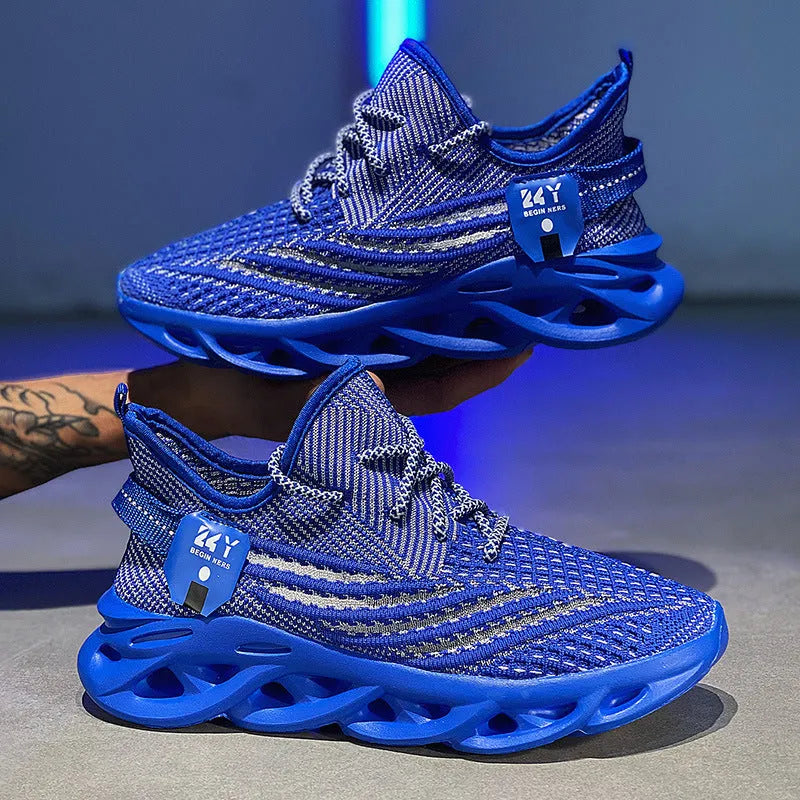 Men's blue Flyknit mesh casual sneaker with a platform sole on a white background.