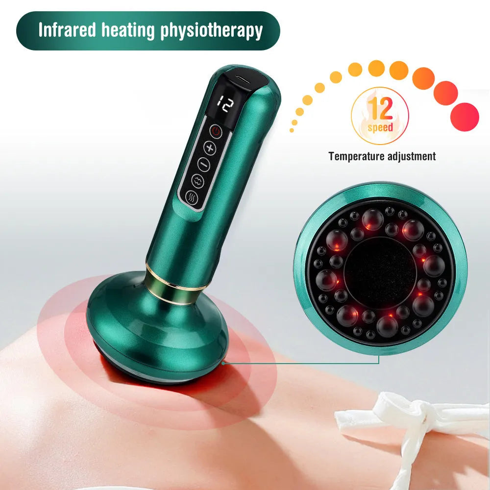 Green electric vacuum cupping massager with adjustable suction controls and infrared heating function