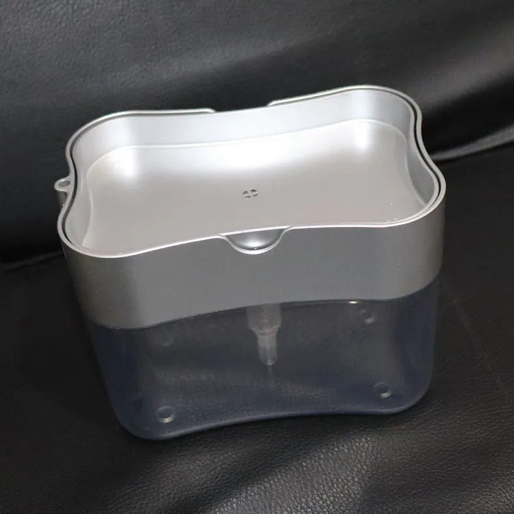 Plastic kitchen soap dispenser in grey, silver, black, or pink colours measuring 14.5 x 9.5 x 13.5 cm