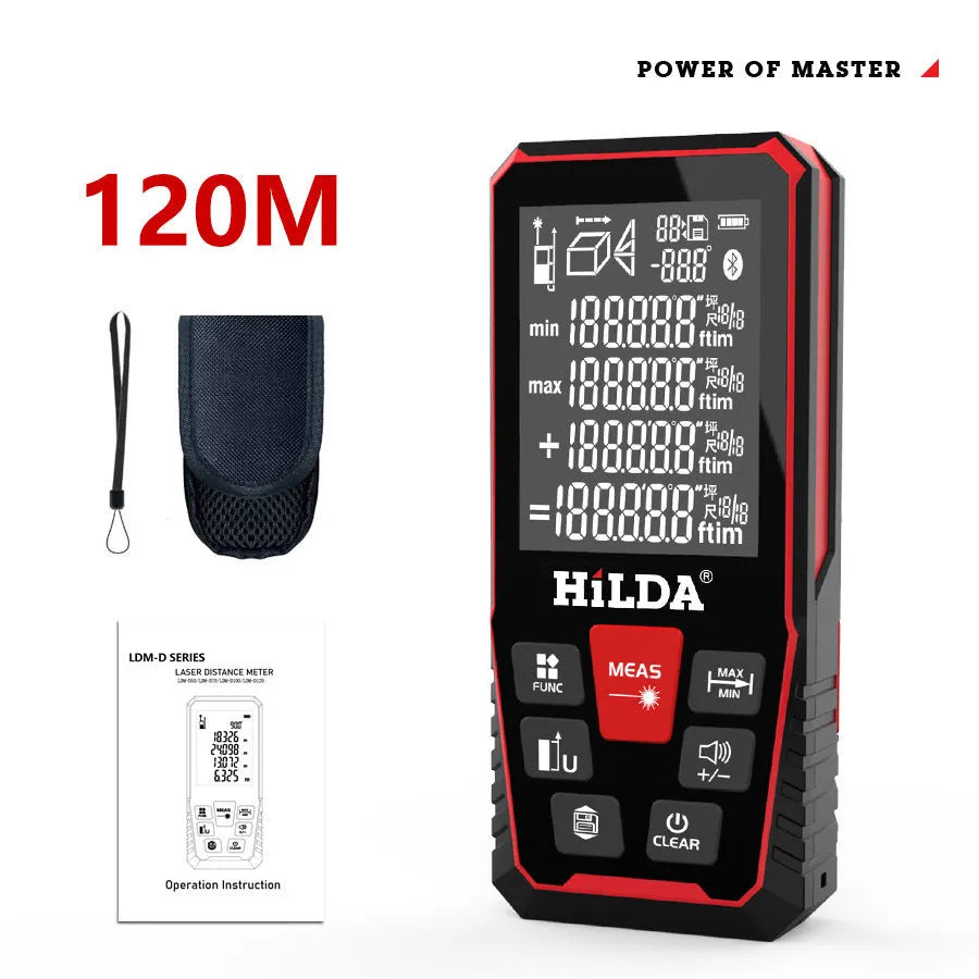 Handheld laser rangefinder for measuring building and room distances up to 120 metres.