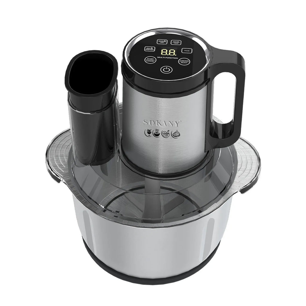Stainless steel meat grinder with 5-10L capacity bowl and adjustable speed control for baby food and sausage preparation