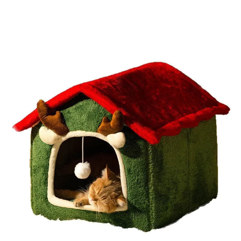 Christmas cat nest in red top elk design, removable washable cotton pet bed for cats and small dogs