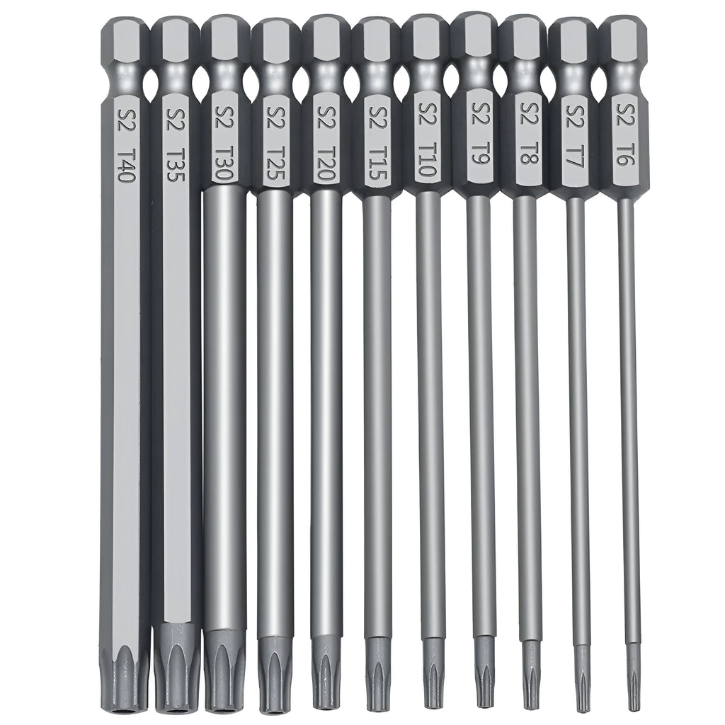 Hexagon handle screwdriver bit set showing 50mm, 75mm and 100mm length options with alloy construction