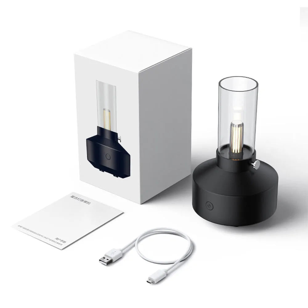 Retro 150ml ultrasonic humidifier with candlelight night light, black or white, USB aroma diffuser