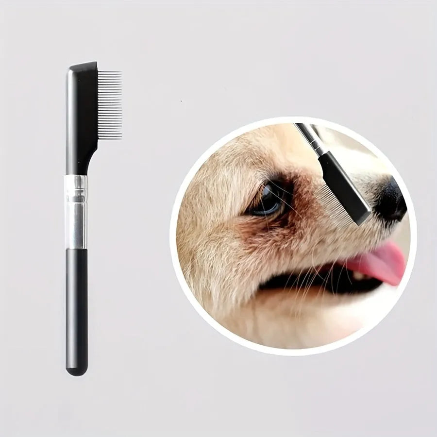 Black ambidextrous pet grooming brush with soft bristles for tear stains and a comb end for hair removal.