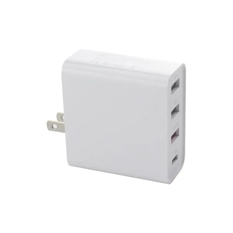 Black 48W PD four-port Type-C mobile phone charger with UK plug showing four charging ports and indication lights