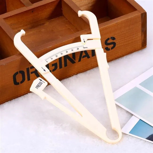 White acrylic fat caliper skin fold thickness meter showing 200mm range and 0.001mm accuracy for body fat measurement