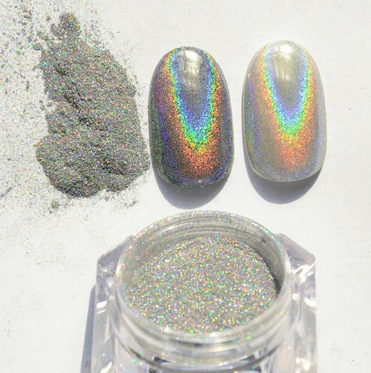 Silver nail rainbow powder laser mirror powder for UV gel nails with eyeshadow stick application and UV top coat sealing