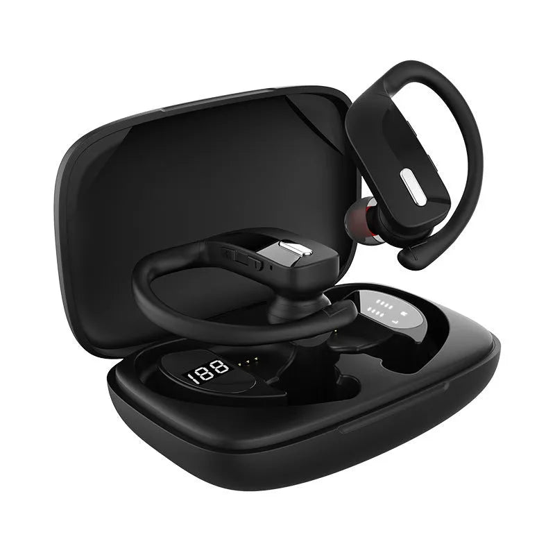 Black wireless Bluetooth headset with hanging ear design and LED digital display