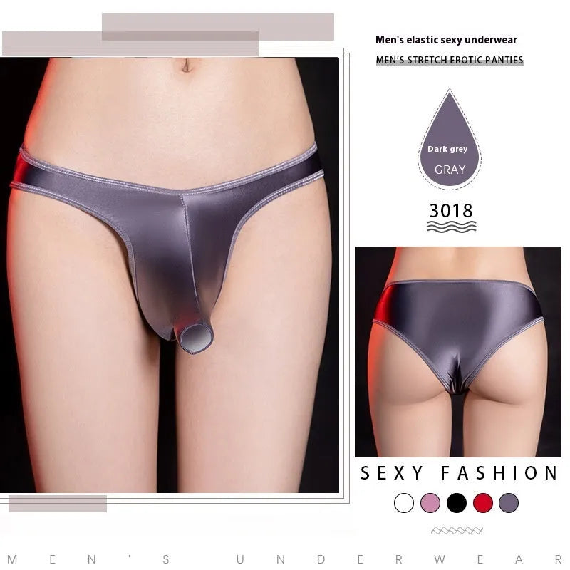 Men's low waist T-back underwear in shiny nylon fabric showing five colour options