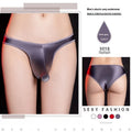 Men's low waist T-back underwear in shiny nylon fabric showing five colour options