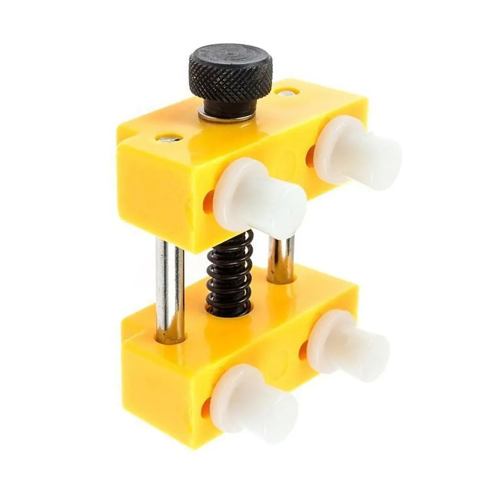 Yellow plastic watch case opener tool and fixing base set for DIY battery replacement