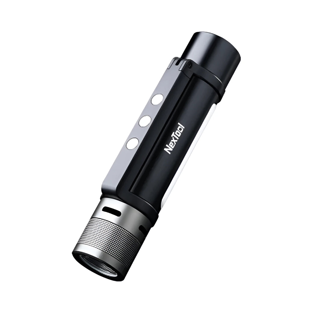 Black portable rechargeable flashlight, 34mm x 160.5mm, with Type-C charging and 1400mAh power bank