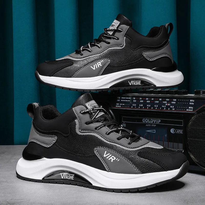 Men's low top running shoes in G718 Black with microfiber upper, EVA platform sole, and front lace-up