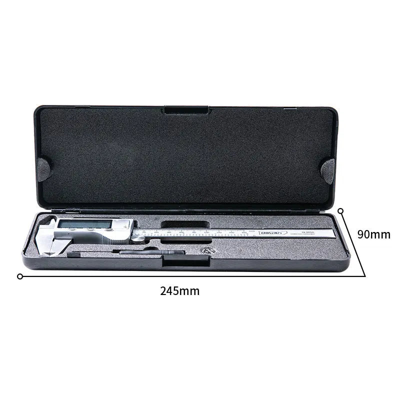 Deli stainless steel digital vernier caliper showing digital display and measuring jaws.