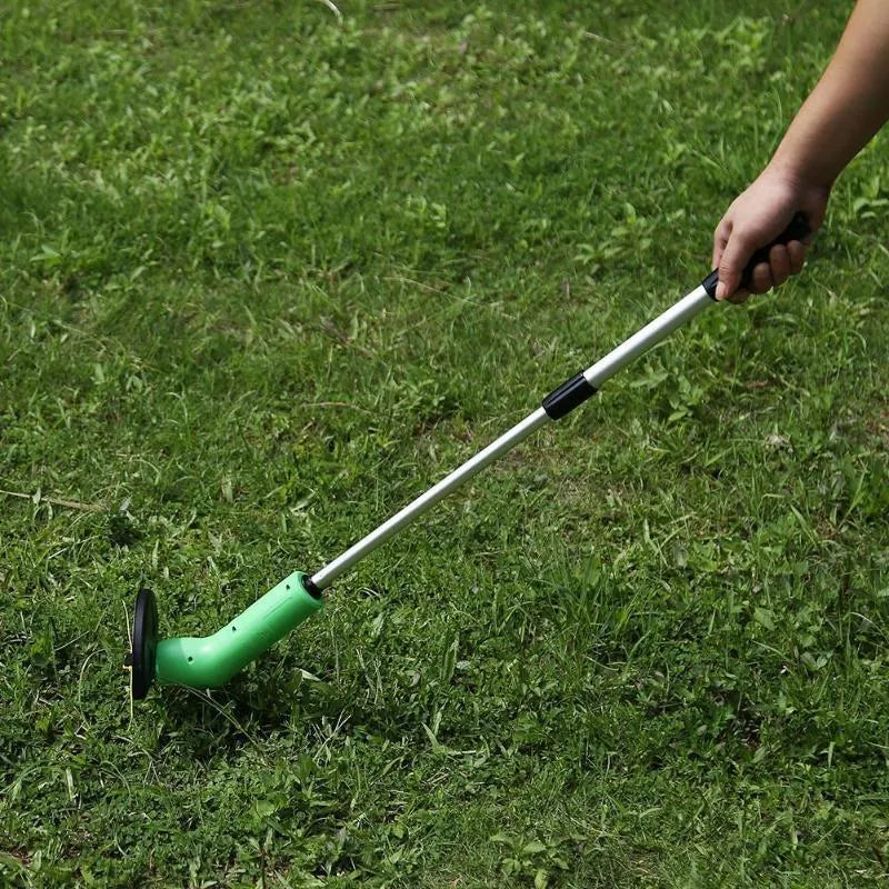 Cordless lawn trimmer with extension pole and protective debris shield for garden trimming tasks