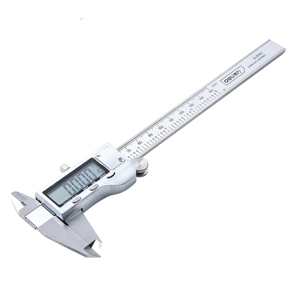 Deli stainless steel digital vernier caliper showing digital display and measuring jaws.