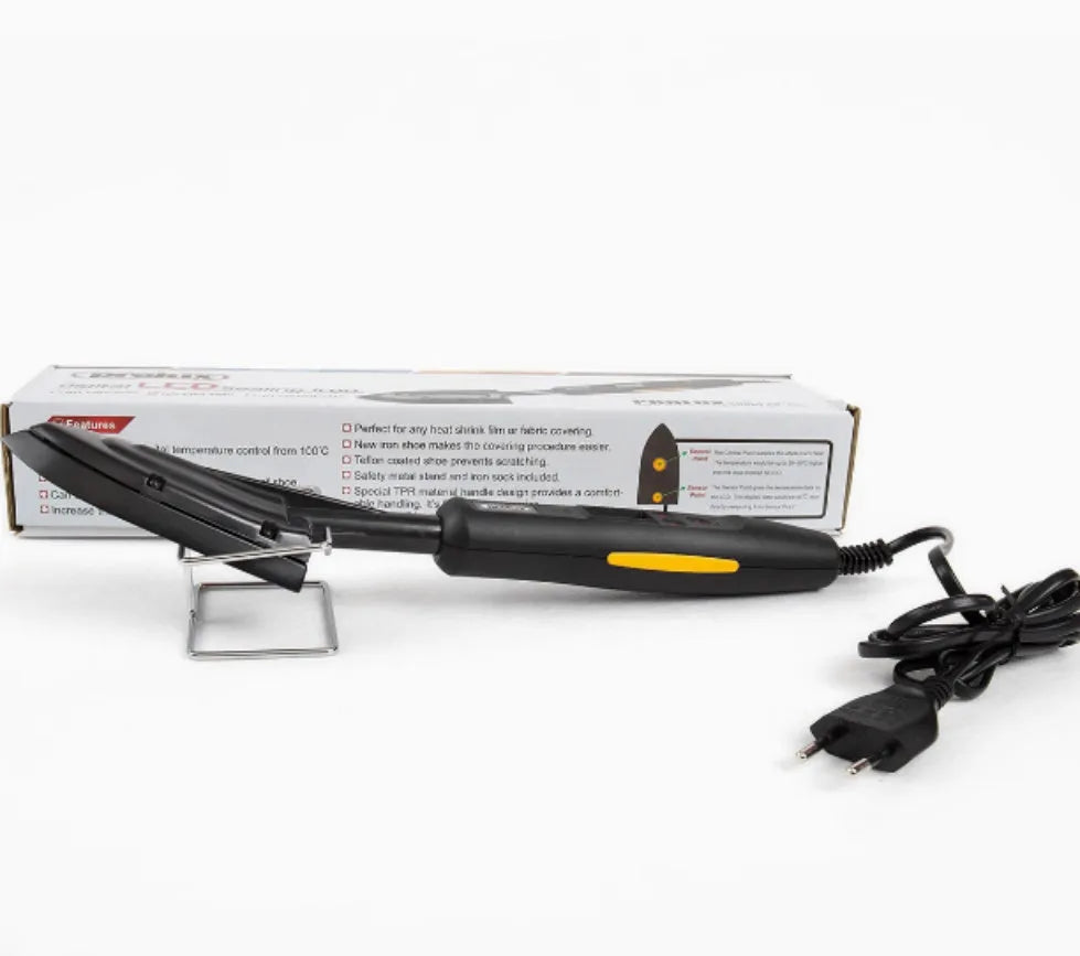 Electronic temperature control hot iron with PTFE-coated plates, TPR handle, adjustable 100-220°C display, and heat-resistant bracket