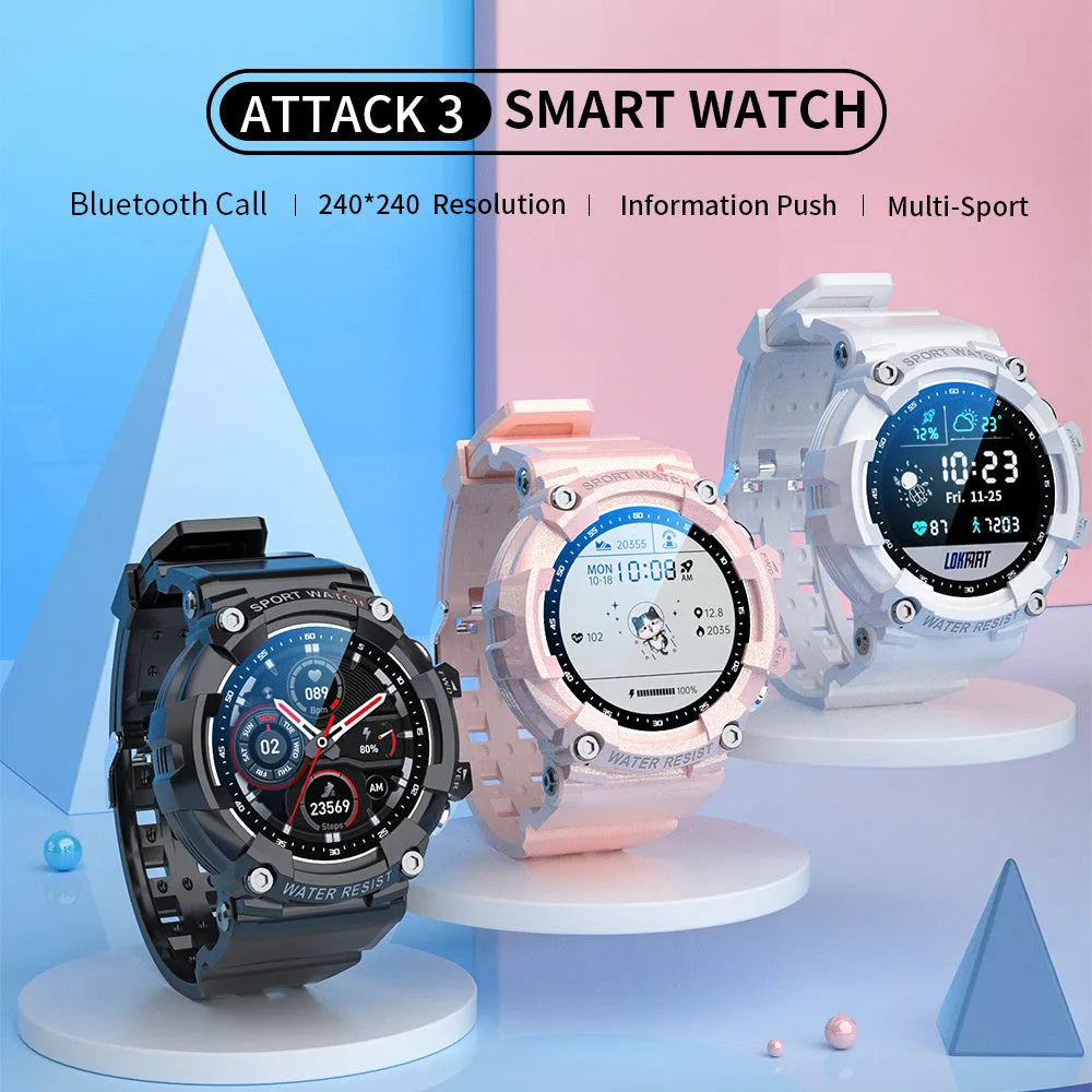 ATTACK 3 smart watch in black with round screen showing heart rate data on TPU strap