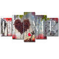 Set of five red oil painting canvases in varying sizes for wall decoration