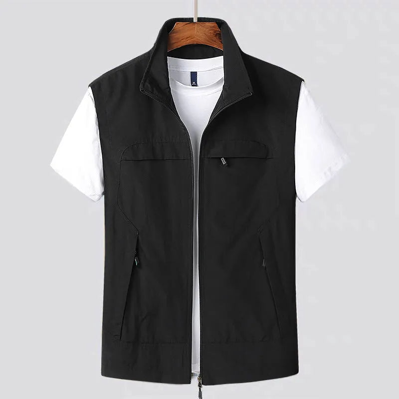 Men's waterproof multi-pocket vest in khaki with hood and patch pockets