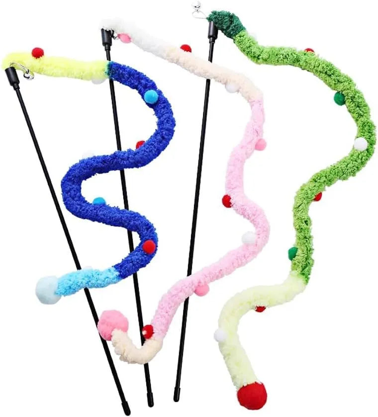 Cat wand toy with blue plush strip, colourful ball, and bells on a 41cm pole for interactive play