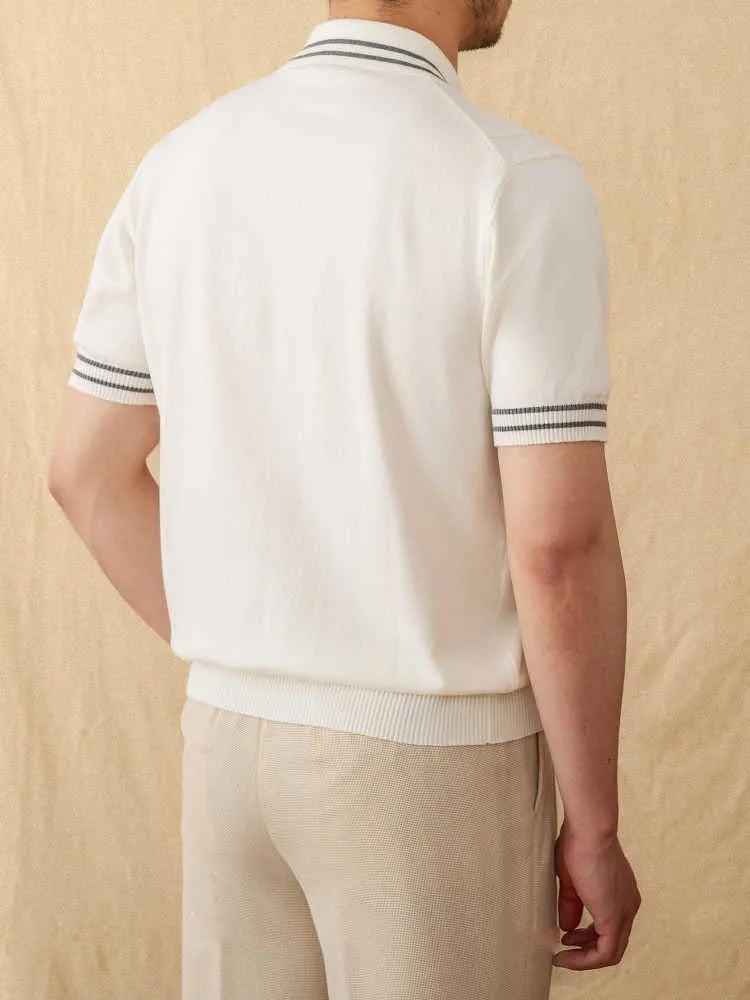 Men's apricot lapel collar short-sleeved cotton blend polo shirt laid flat.