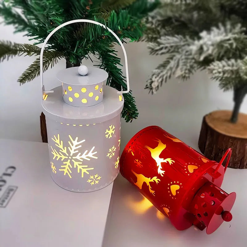 Green wrought iron LED Christmas candle lantern with electronic flickering light