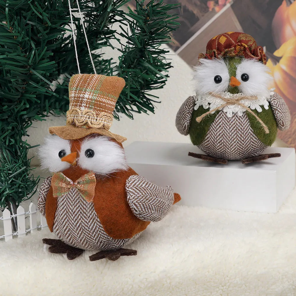 Handcrafted owl pendant ornament with harvest design for Thanksgiving window or desktop display