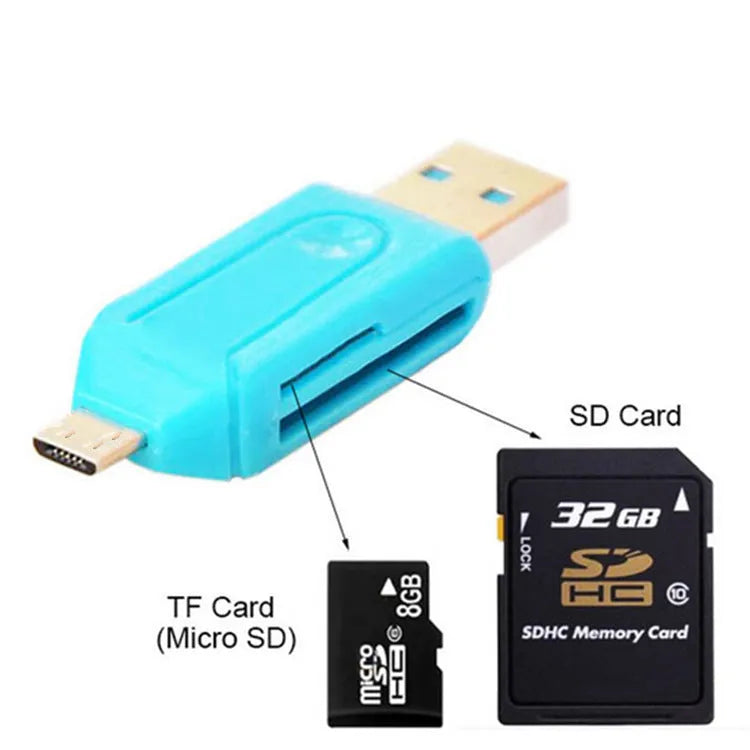 OTG dual-purpose card reader in white, pink, green, blue, or black with USB 2.0 and micro USB interfaces for SD and TF memory cards