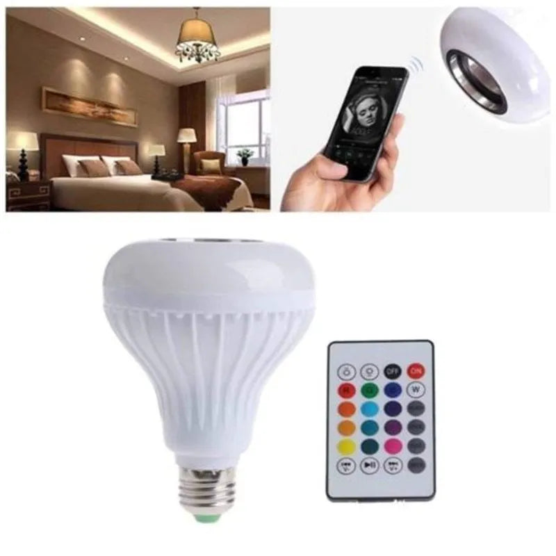 White smart LED bulb with Bluetooth speaker and remote control for multi-colour lighting.
