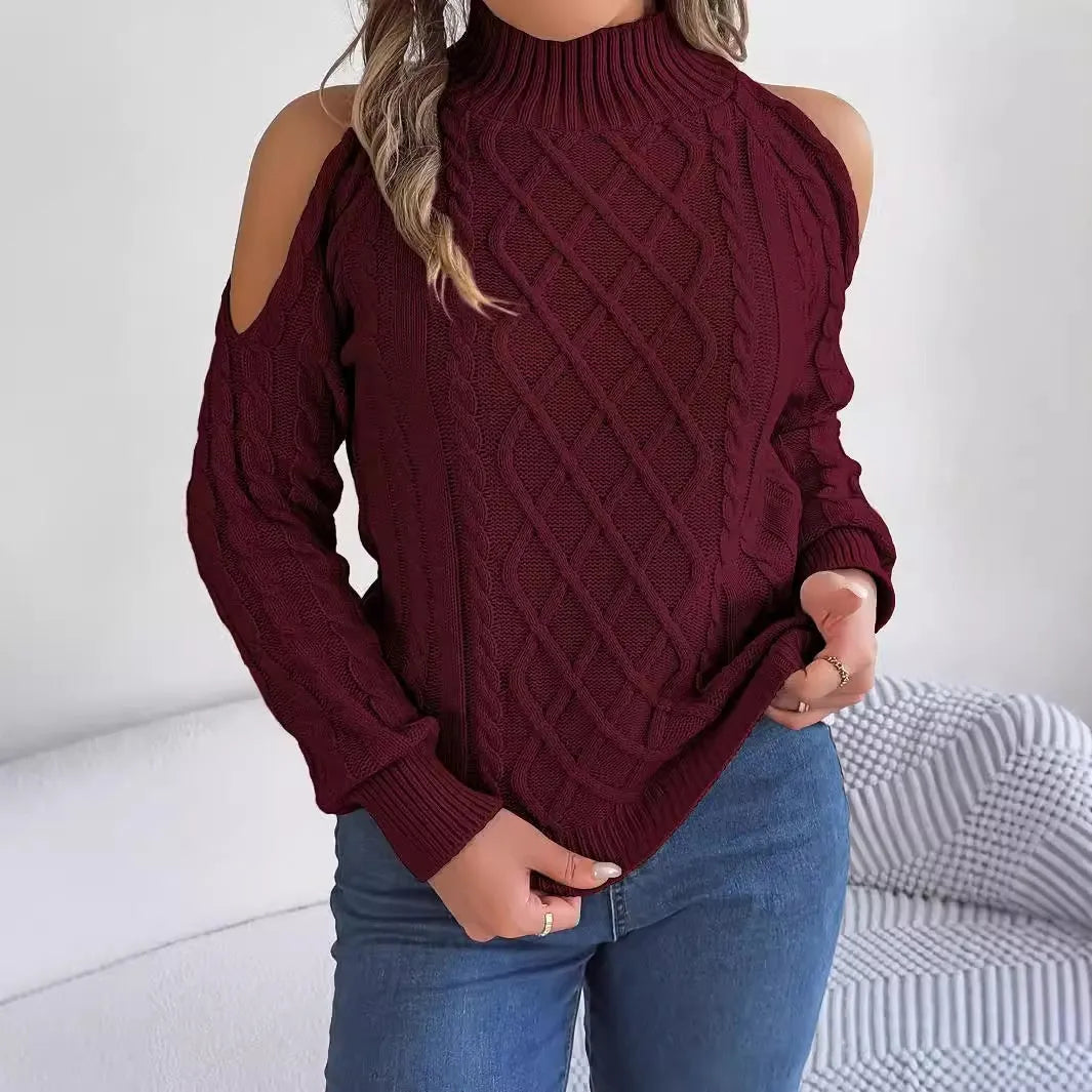 Women's strapless grey sweater with twisted pattern and lantern sleeves, half-high collar design