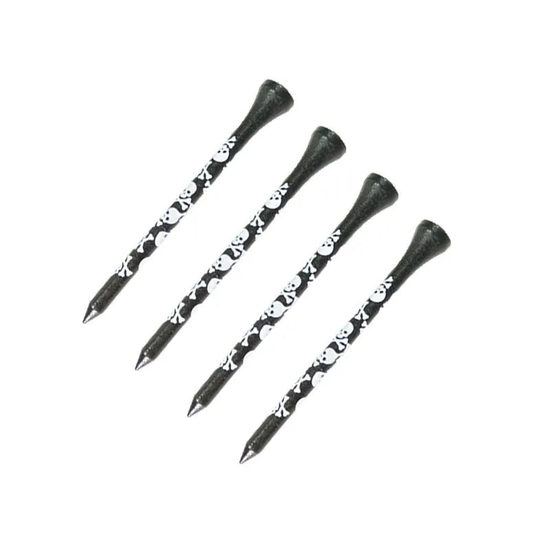 Ten black bamboo golf spike dowel pins with skull print, shown in 70mm and 83mm lengths.