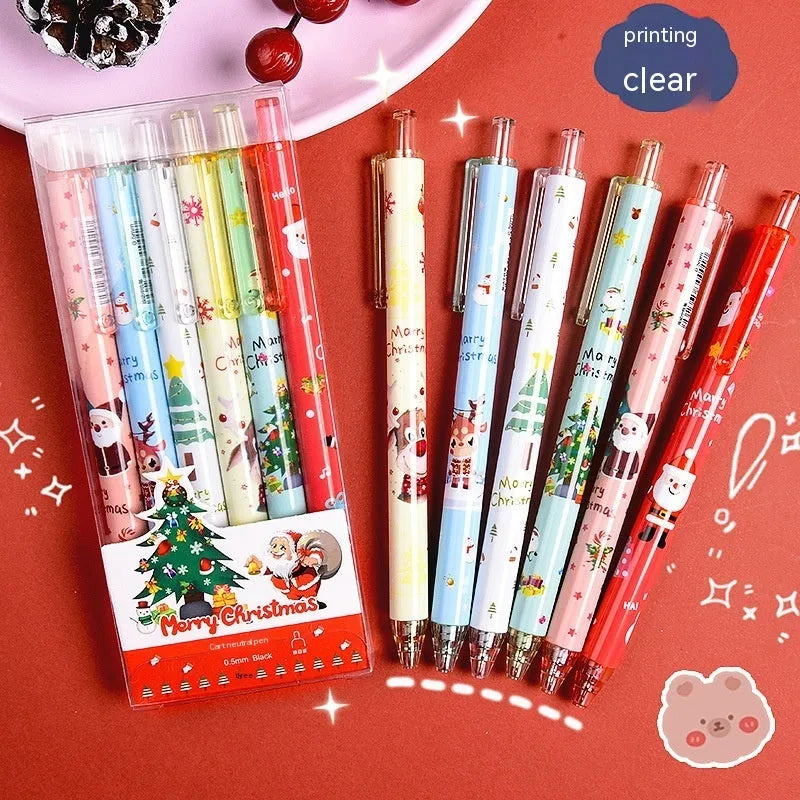 Christmas cartoon design gel pen set with six black ballpoint pens in plastic case
