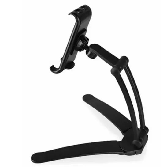 Aluminium alloy desktop tablet stand with adjustable clips and 360-degree rotation for tablets up to 10.5 inches