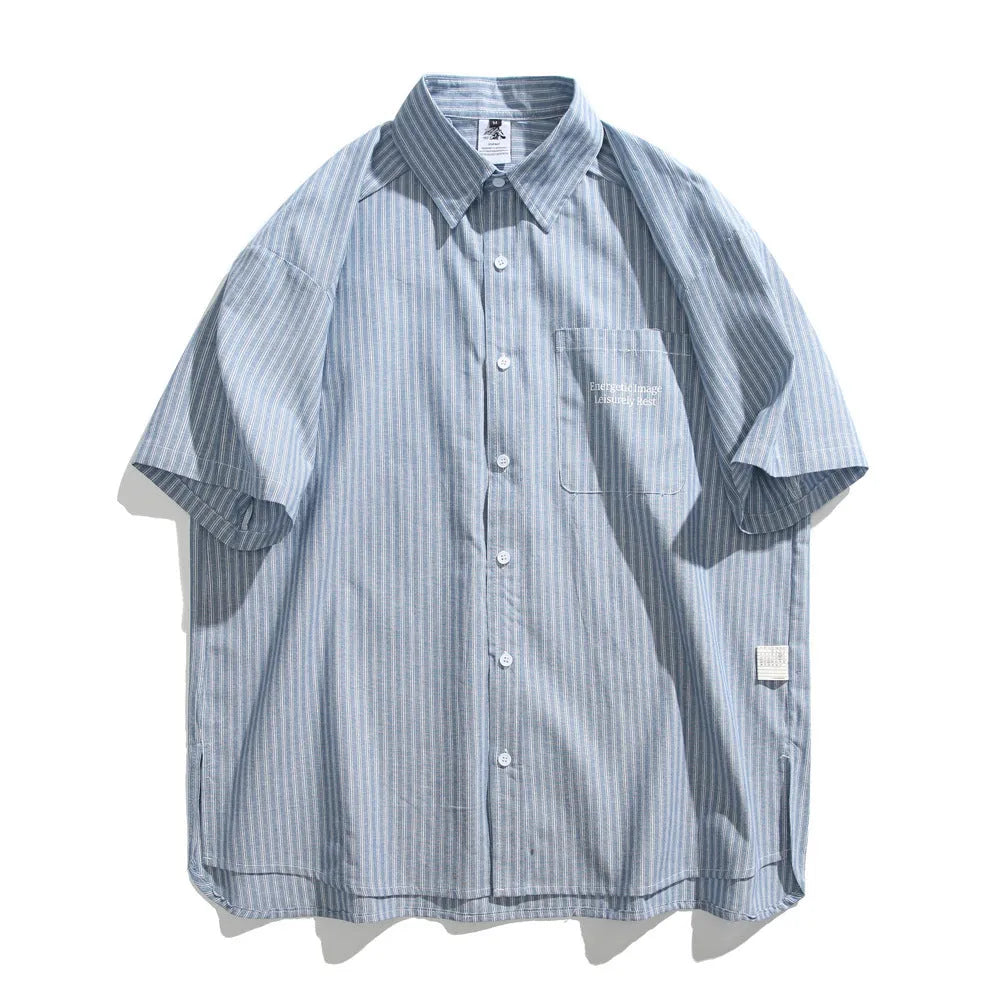 Blue striped short-sleeved overall shirt in loose cardigan style for men and women