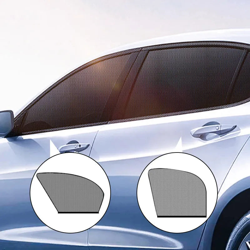 Car side window screen with double mesh installed on SUV window, showing elastic strip fixation