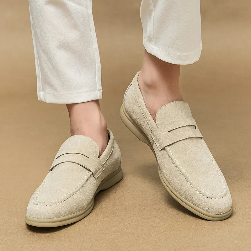 Men's slip-on leather shoes in beige with round toe and 3-5cm heel, showing two-layer cowhide upper