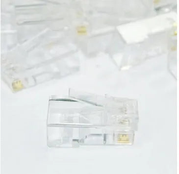 A pack of 1000 white unshielded RJ45 network modular plugs with gold-plated contacts.