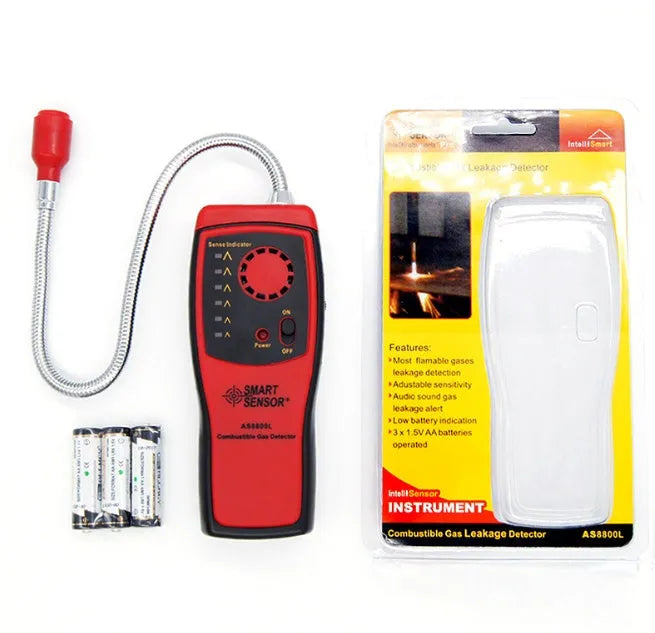 AS8800L handheld flammable gas detector with LED light display on black casing.