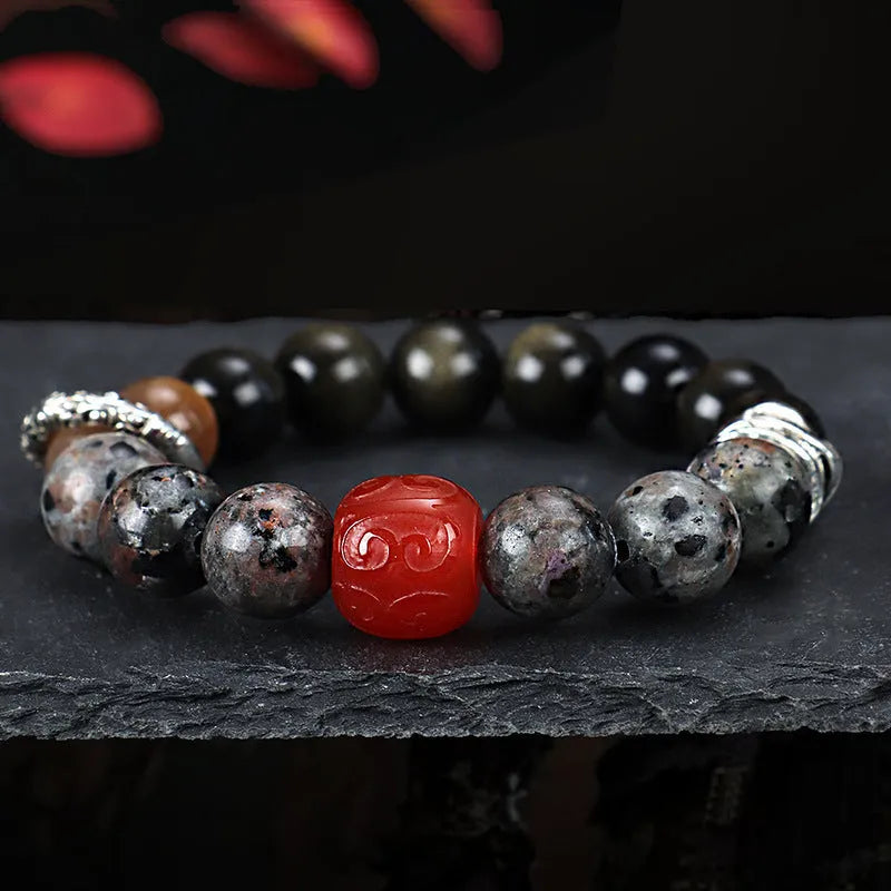 Original design gold obsidian and red agate unisex bracelet for men and women.