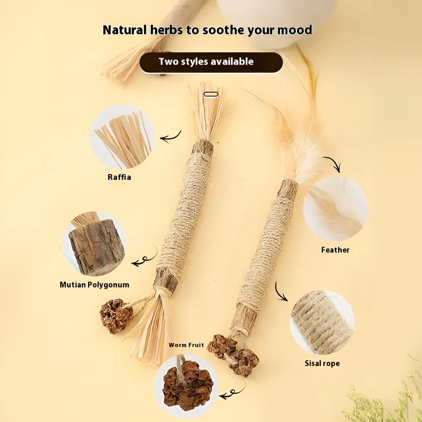 Polygonum Mu cat teeth grinding rod with 2.2cm diameter and Lafite grass catnip elements