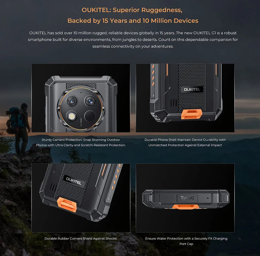 OUKITEL G1 mobile phone in grey, green, or orange colour on a plain background.
