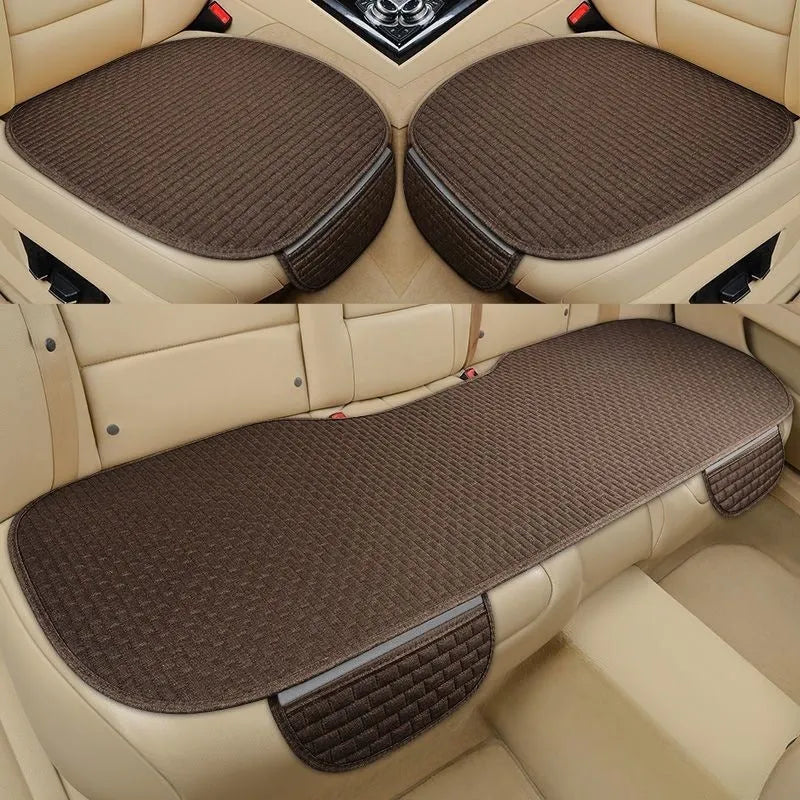 Linen car seat cushion in charm coffee colour with hemmed edges, showing breathable fabric texture