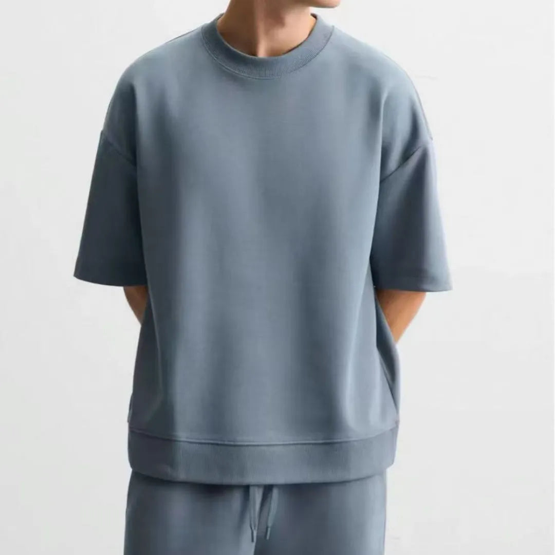 Loose double-sided cloth texture short sleeve set with round collar and matching shorts in blue colour