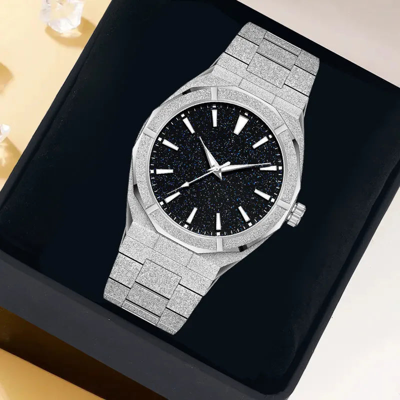 Men's business watch with stainless steel case, luminous hands, and frosted finish in silver colour
