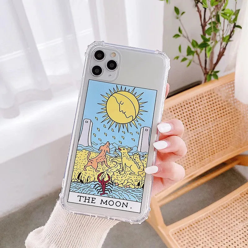 Creative Mythology Comic iPhone case showing retro cartoon sun and moon graffiti art on a silicone back cover.